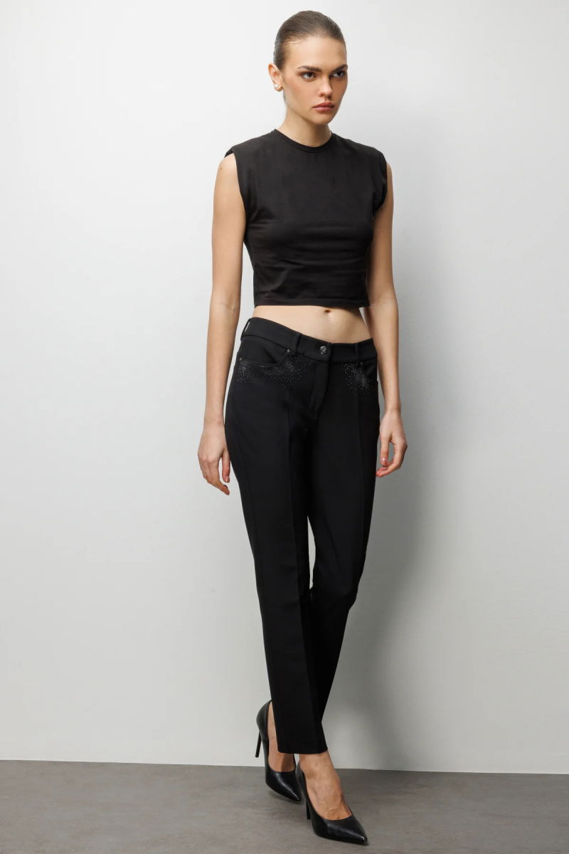 Ekol Kadın Cepleri Taş İşlemeli Dar Paça Pantolon 4022 Siyah - 2