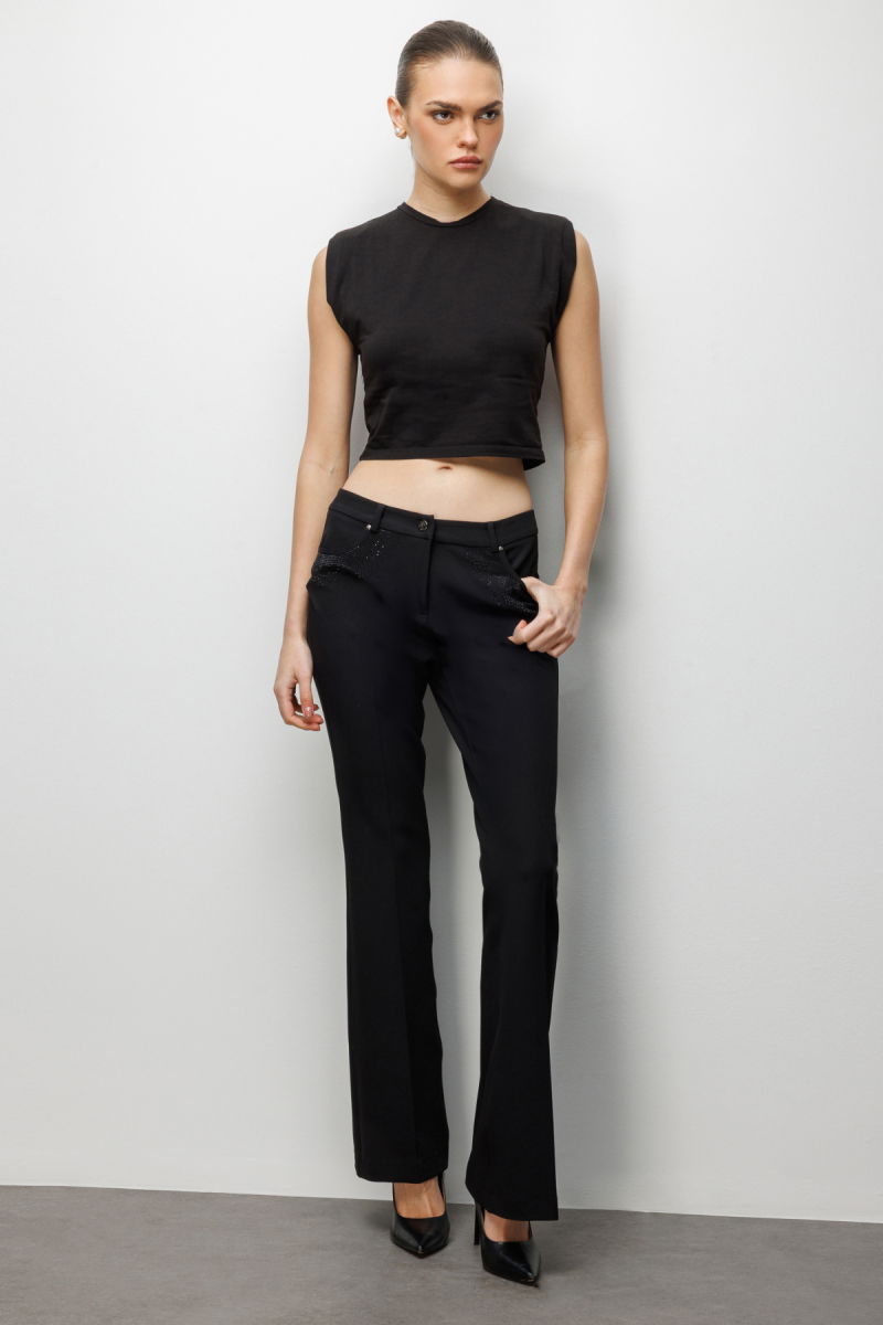 Ekol Kadın Cepleri Taş İşlemeli İspanyol Paça Pantolon 4024 Siyah - Ekol