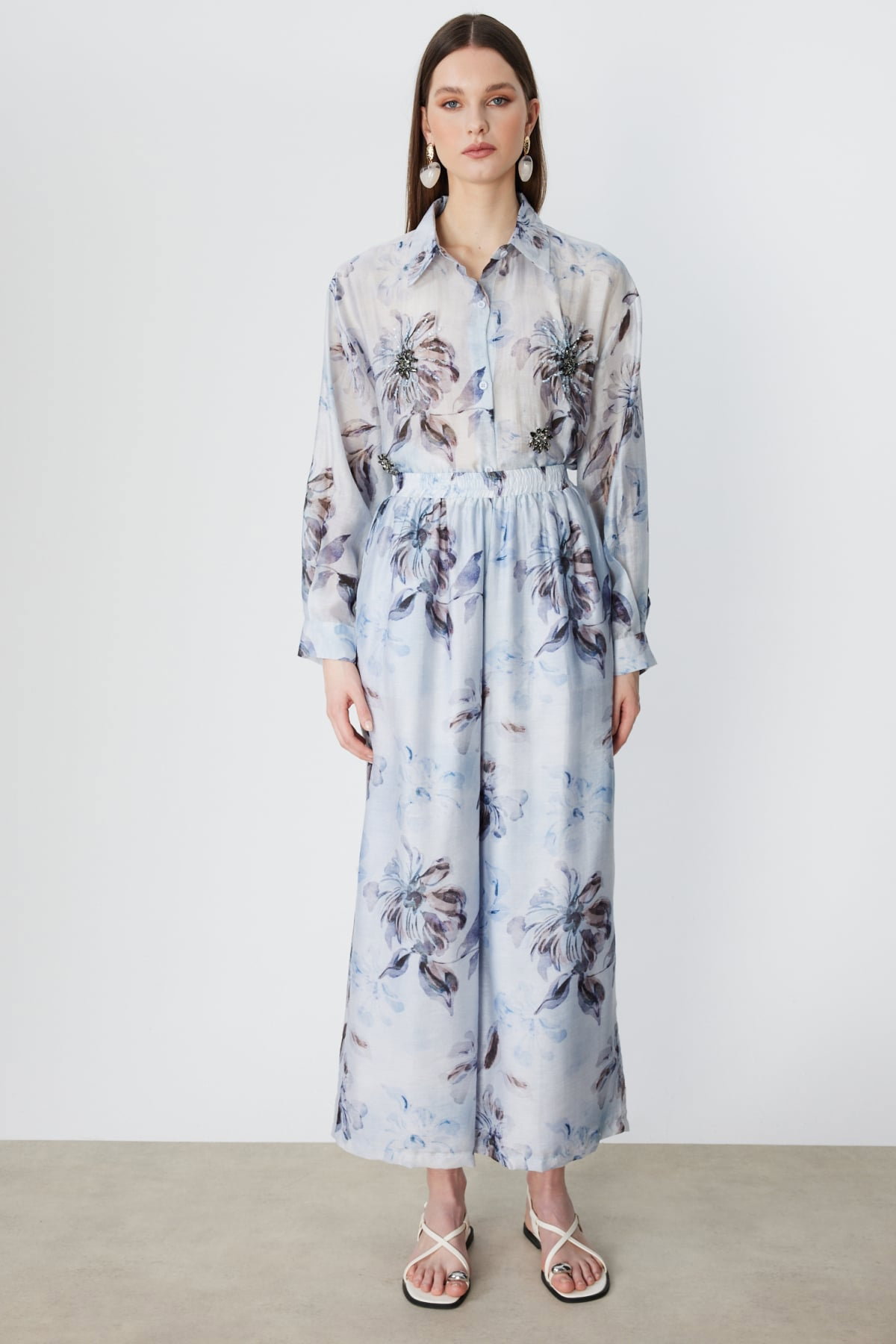 Ekol Kadın Çiçek Desenli Bol Paça Pantolon 2908 Blue - 1