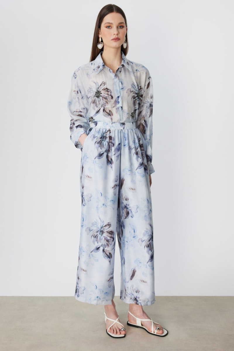 Ekol Kadın Çiçek Desenli Bol Paça Pantolon 2908 Blue - 2