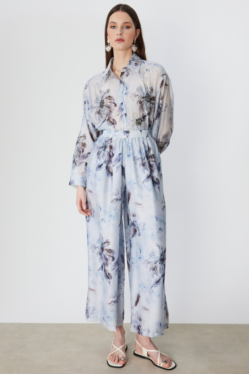 Ekol Kadın Çiçek Desenli Bol Paça Pantolon 2908 Blue - 3