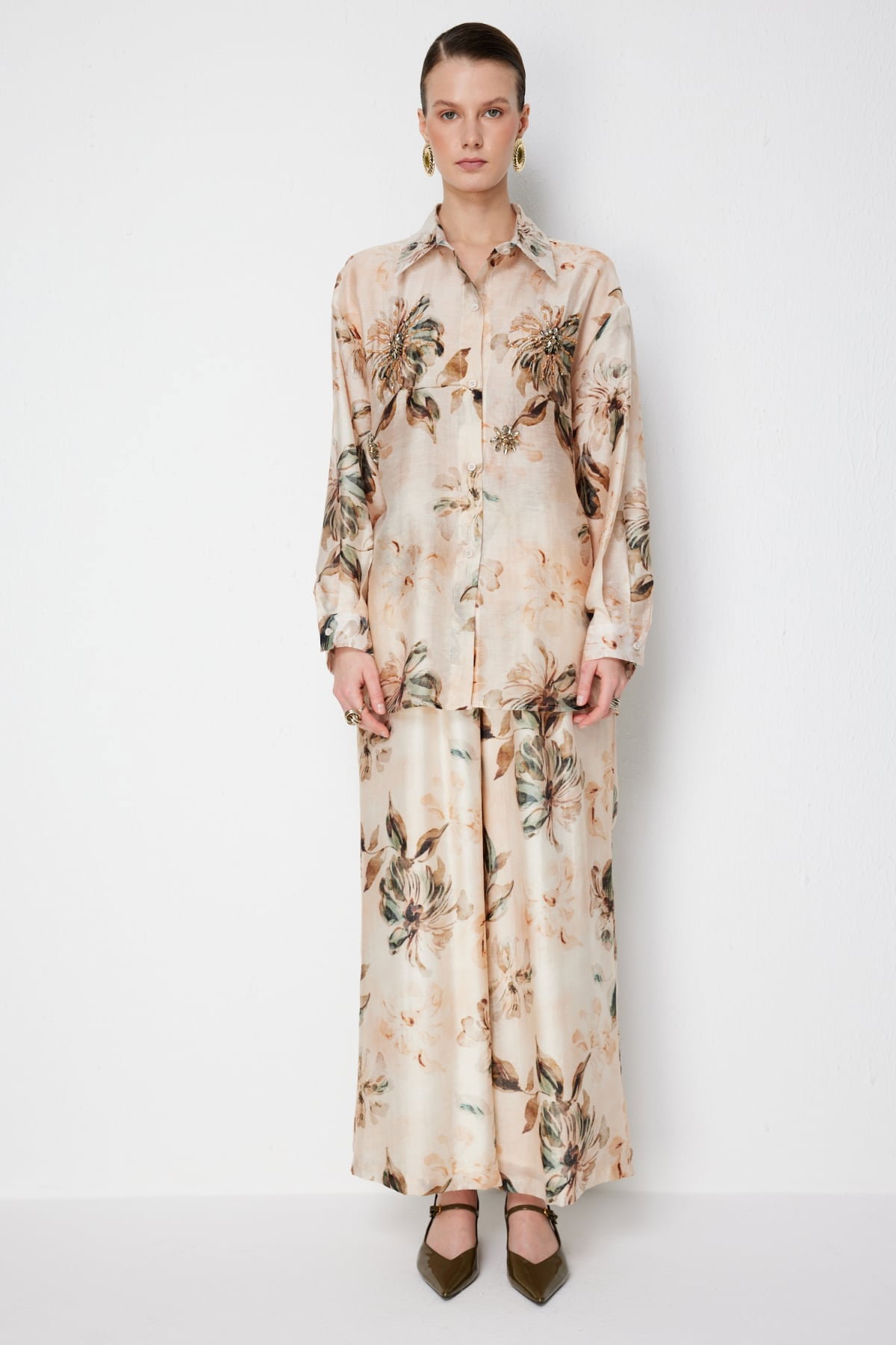 Ekol Kadın Çiçek Desenli Bol Paça Pantolon 2908 Naturel - 1