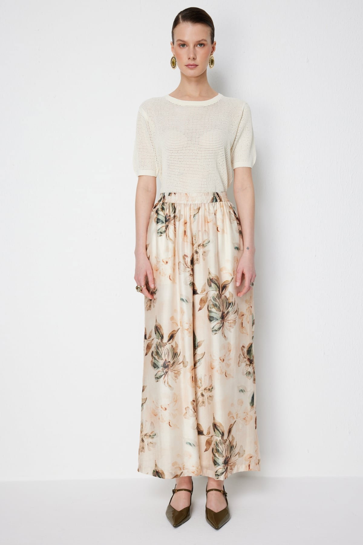 Ekol Kadın Çiçek Desenli Bol Paça Pantolon 2908 Naturel - 2