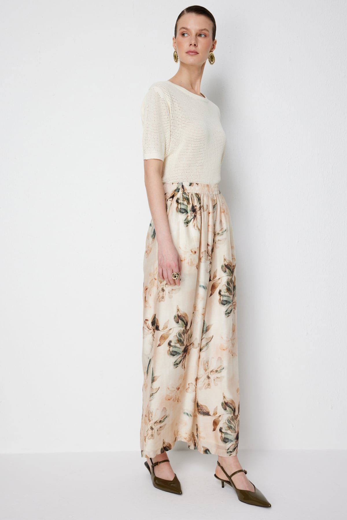 Ekol Kadın Çiçek Desenli Bol Paça Pantolon 2908 Naturel - 3