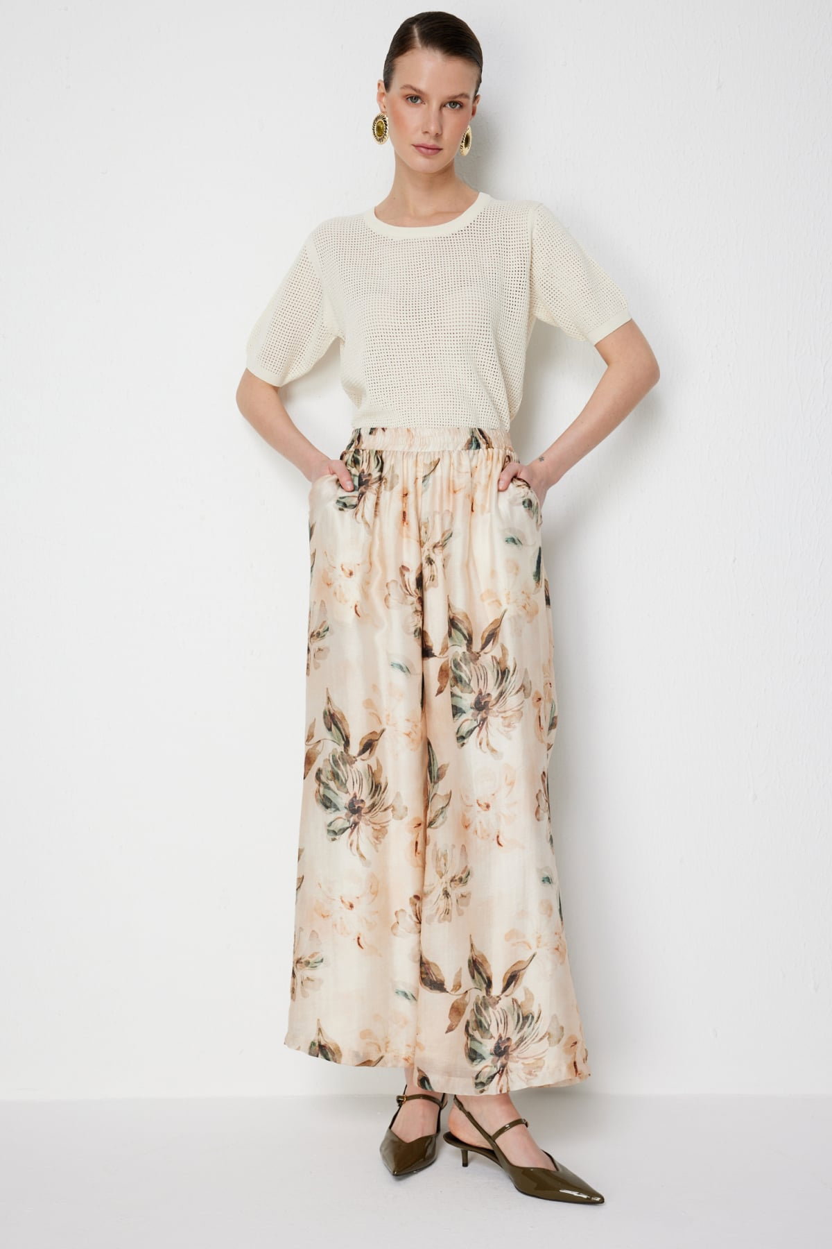 Ekol Kadın Çiçek Desenli Bol Paça Pantolon 2908 Naturel - 4