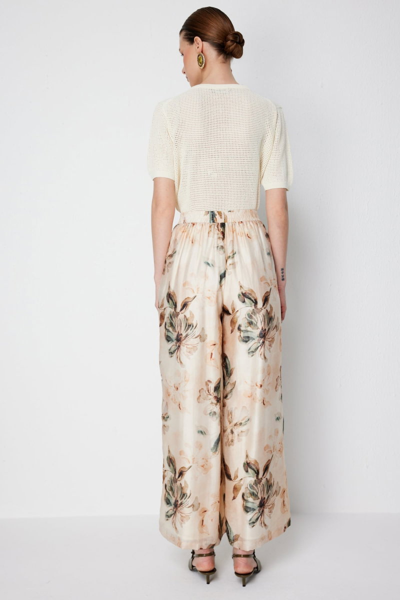 Ekol Kadın Çiçek Desenli Bol Paça Pantolon 2908 Naturel - 5