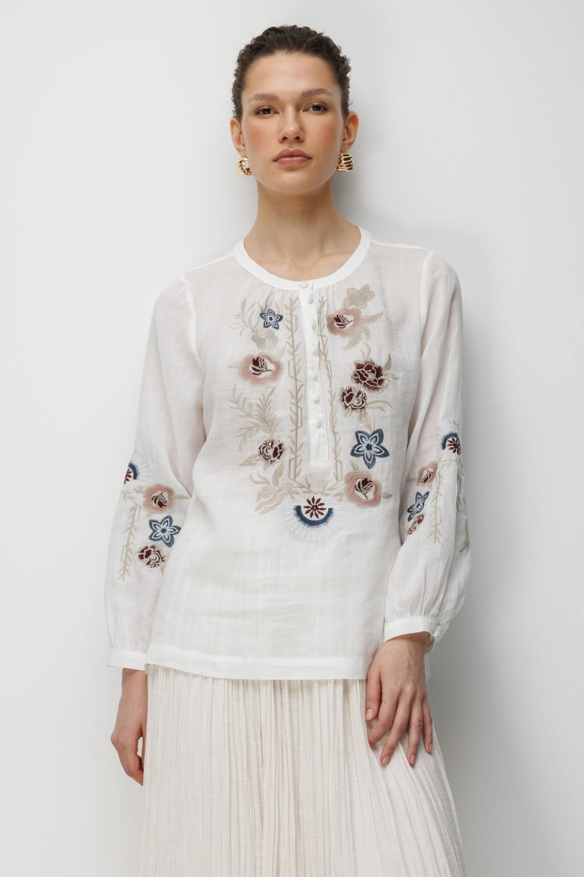 Ekol Kadın Çiçek İşlemeli Keten Bluz 2848 Ekru - 1