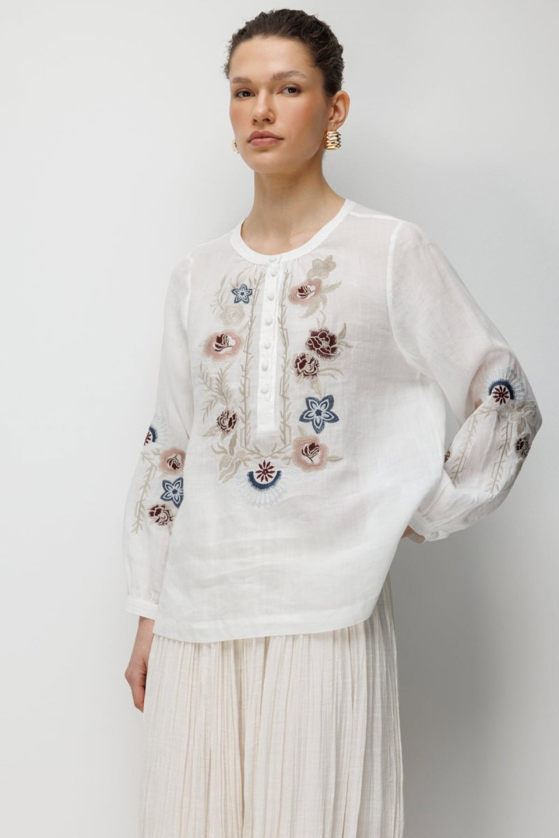 Ekol Kadın Çiçek İşlemeli Keten Bluz 2848 Ekru - 2
