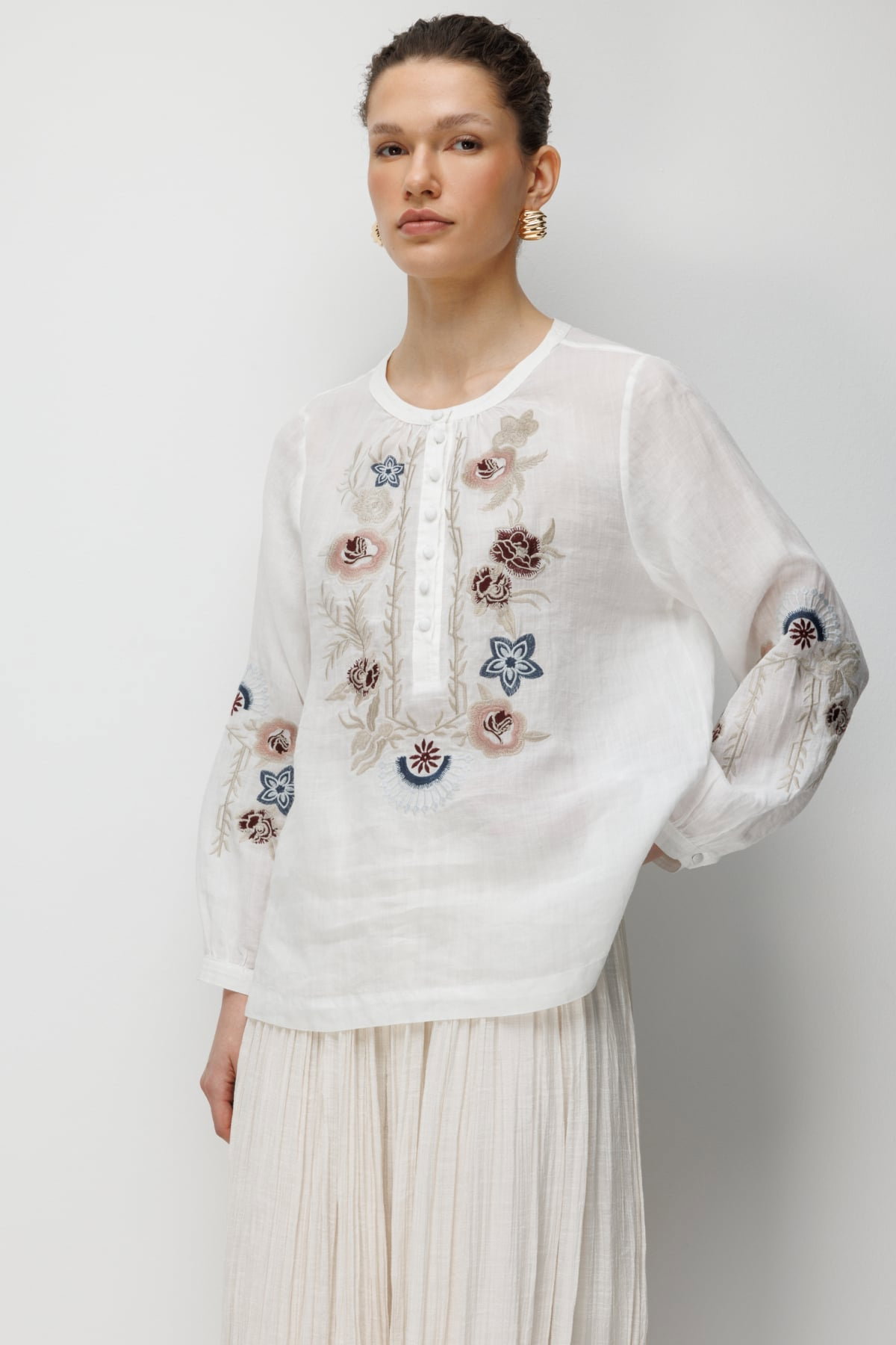 Ekol Kadın Çiçek İşlemeli Keten Bluz 2848 Ekru - 2