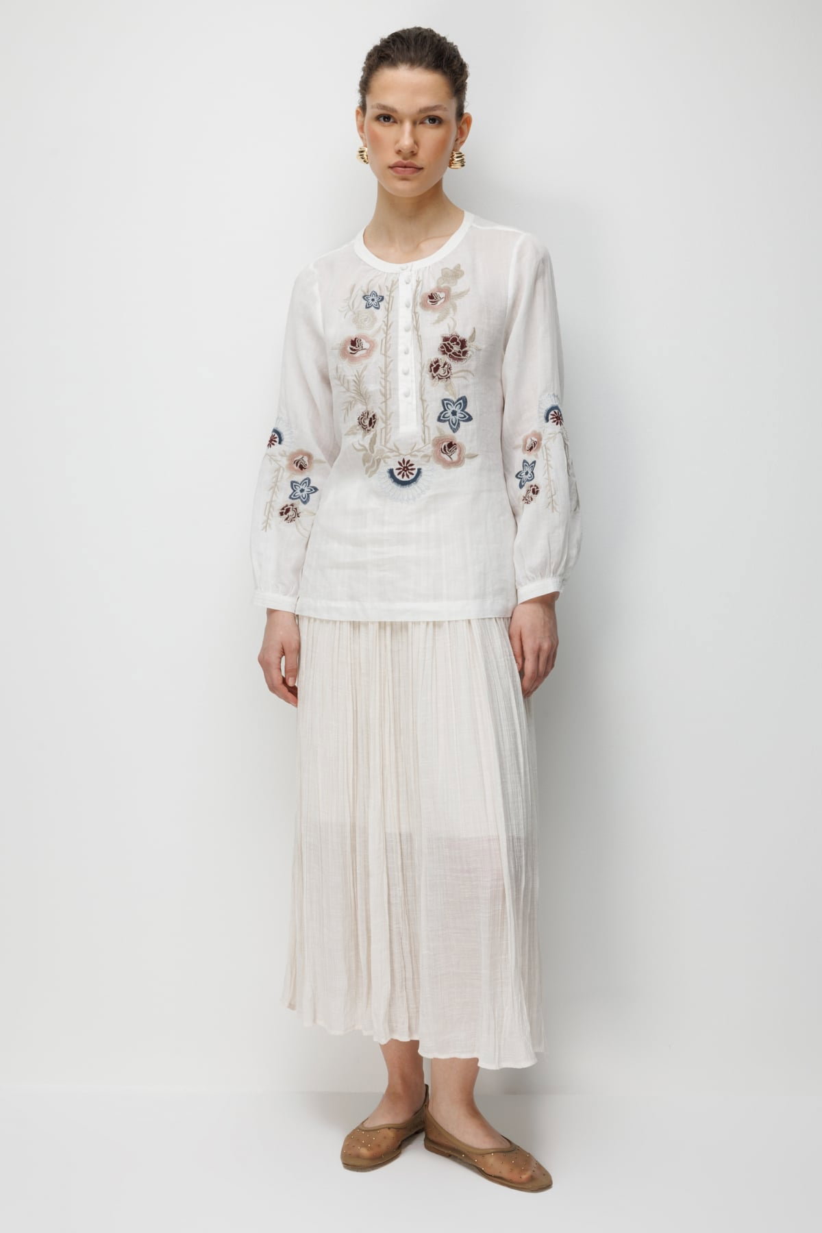 Ekol Kadın Çiçek İşlemeli Keten Bluz 2848 Ekru - 3