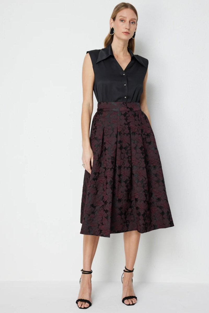 Ekol Kadın Çiçek Nakışlı Pileli Midi Etek 3912 Bordo - Ekol