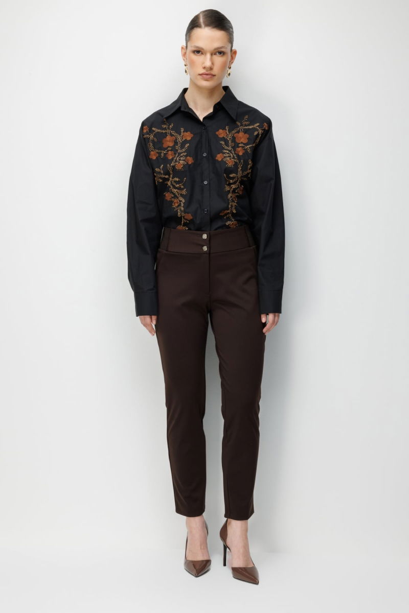 Ekol Kadın Çift Düğmeli Dar Paça Pantolon 4170 Kahverengi - Ekol