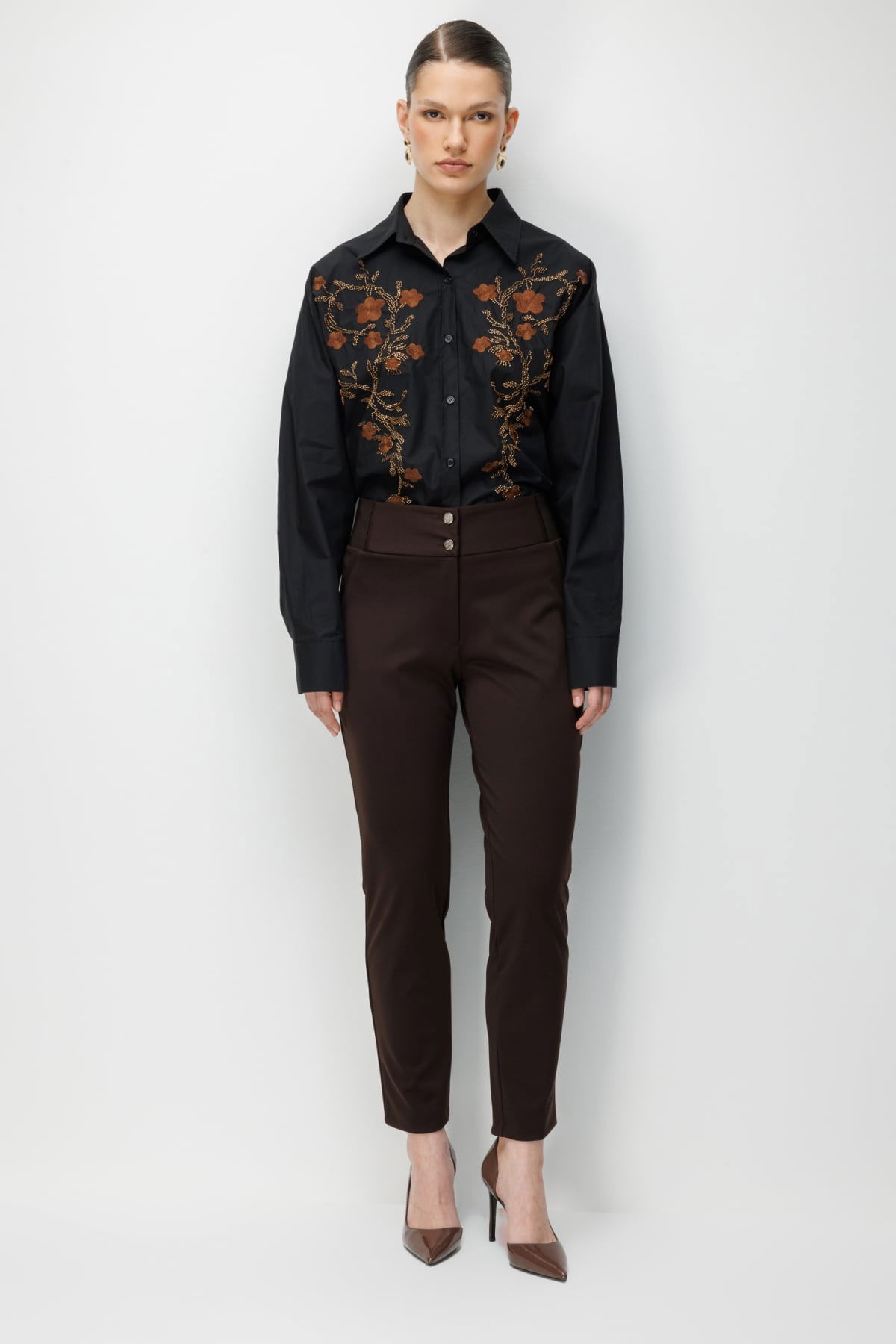 Ekol Kadın Çift Düğmeli Dar Paça Pantolon 4170 Kahverengi - 1