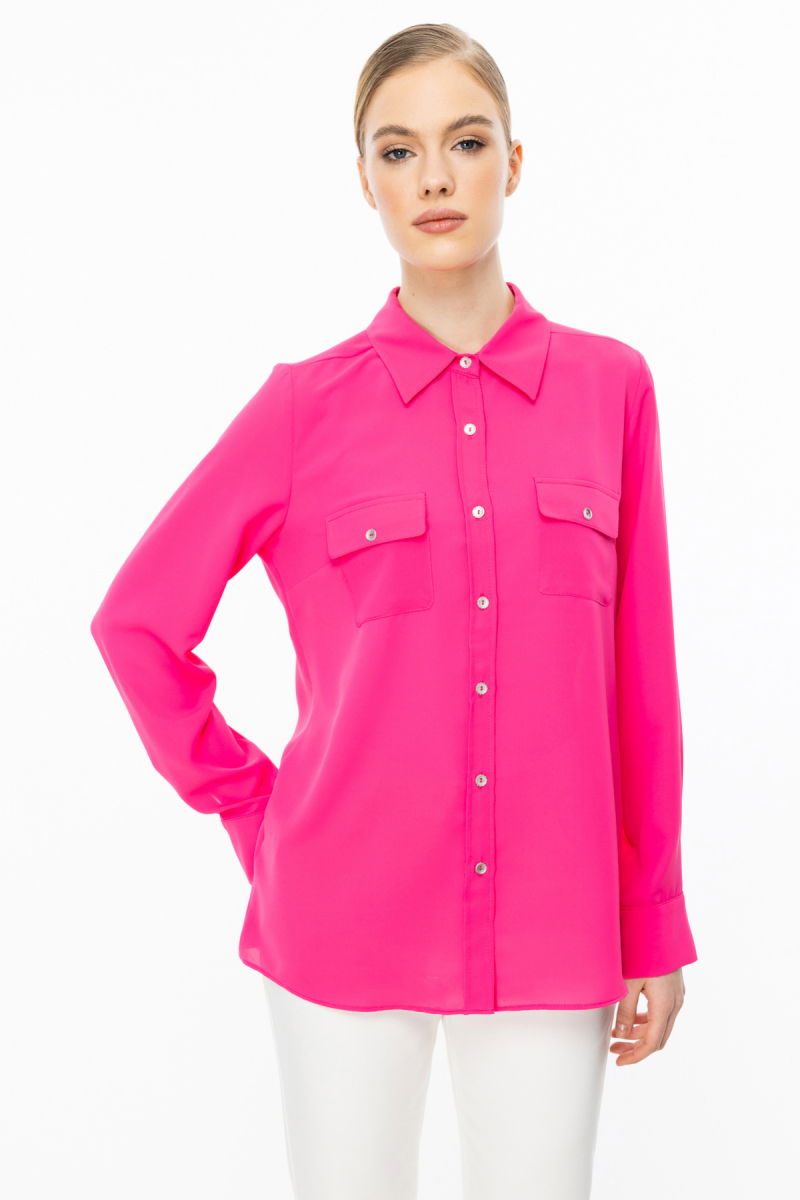 Ekol Kadın Çift Kapak Cepli Düğmeli Bluz 3026 Pink 