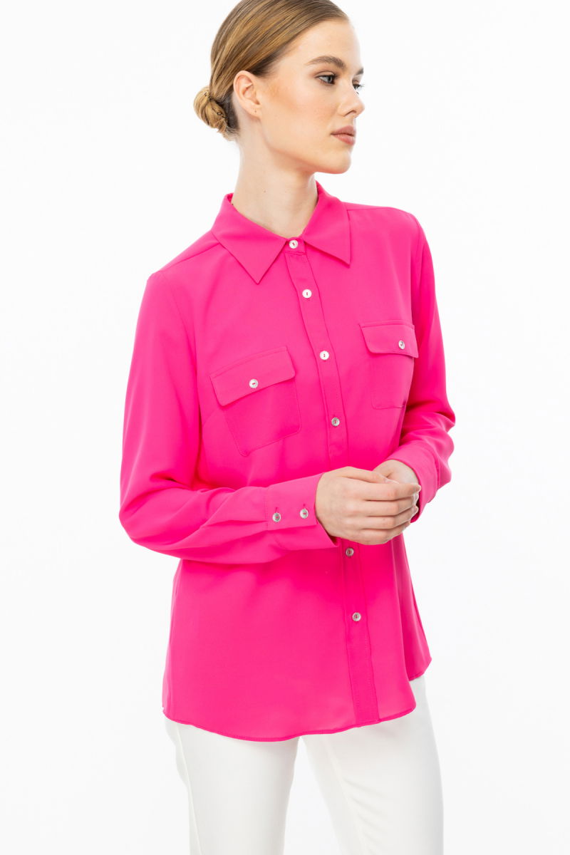 Ekol Kadın Çift Kapak Cepli Düğmeli Bluz 3026 Pink - 2
