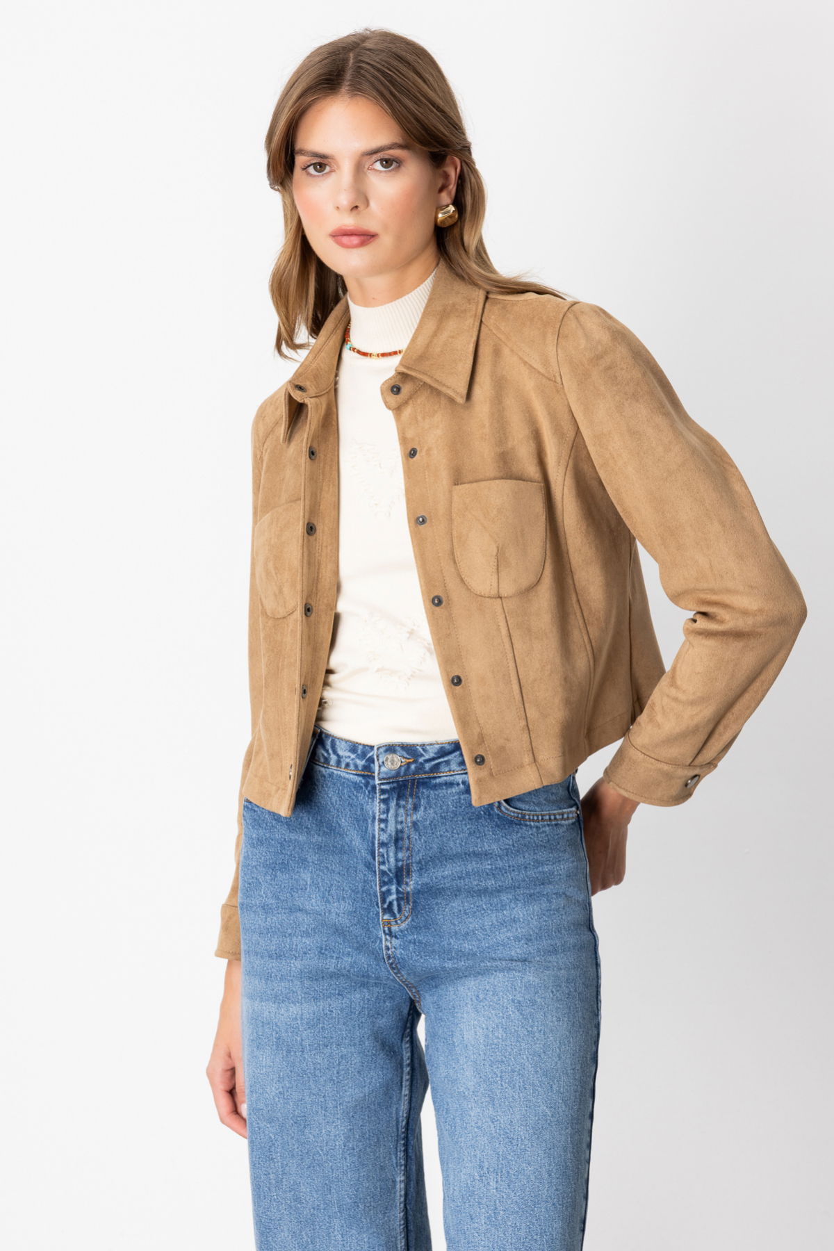 Ekol Kadın Çıtçıtlı Kısa Süet Mont 8019 Vizon - 1