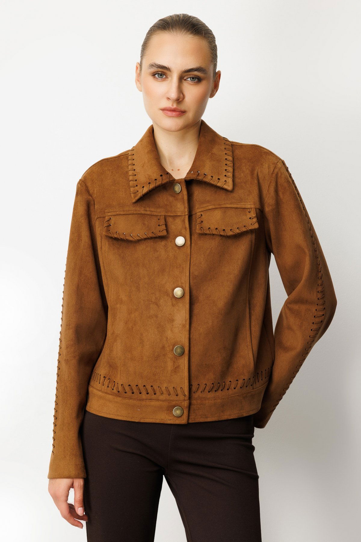 Ekol Kadın Çıtçıtlı Süet Mont 8015 Taba - 1