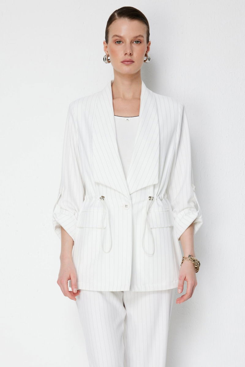 Ekol Kadın Çizgi Desenli Kapak Cepli Ceket 1088 Ekru - Ekol