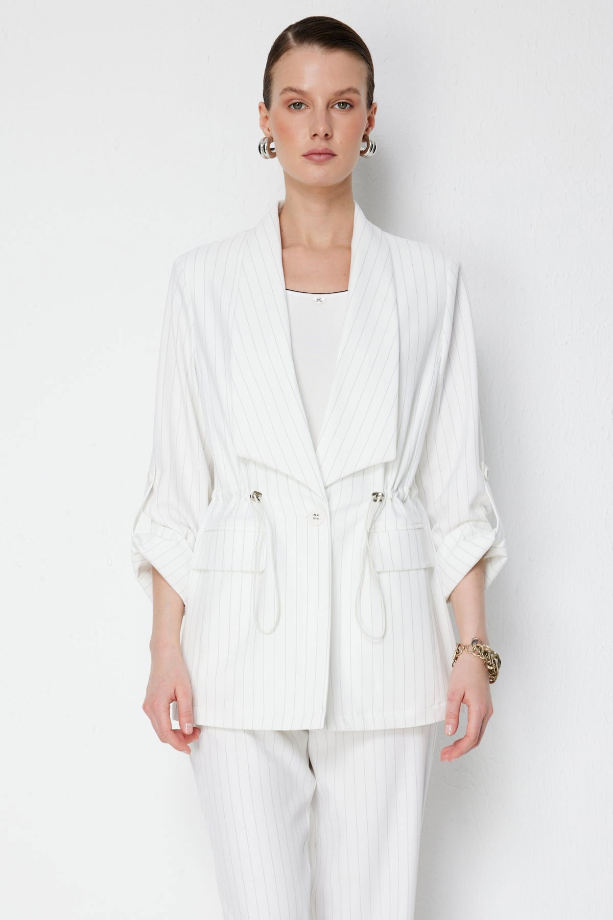 Ekol Kadın Çizgi Desenli Kapak Cepli Ceket 1088 Ekru - 1