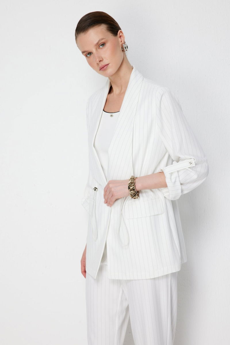 Ekol Kadın Çizgi Desenli Kapak Cepli Ceket 1088 Ekru - 2