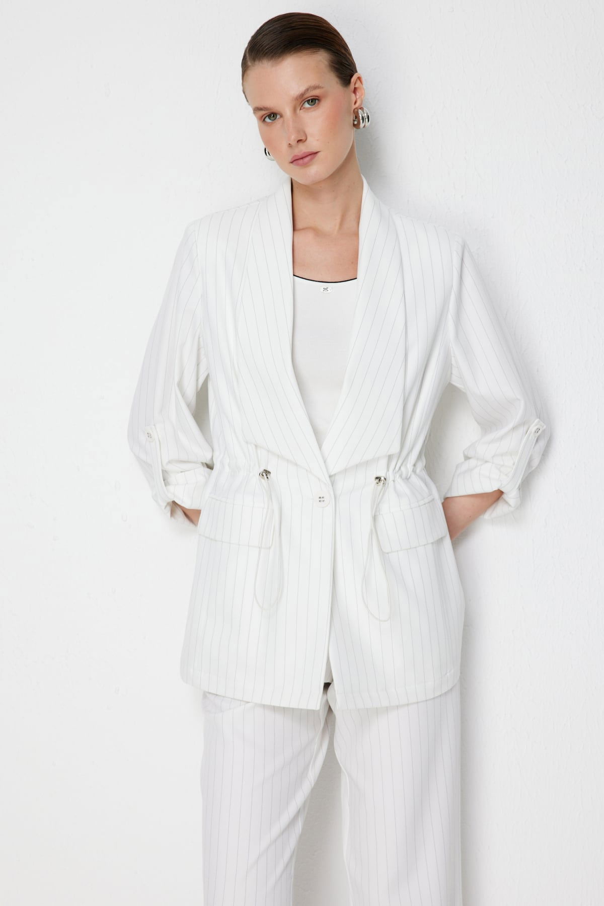Ekol Kadın Çizgi Desenli Kapak Cepli Ceket 1088 Ekru - 3