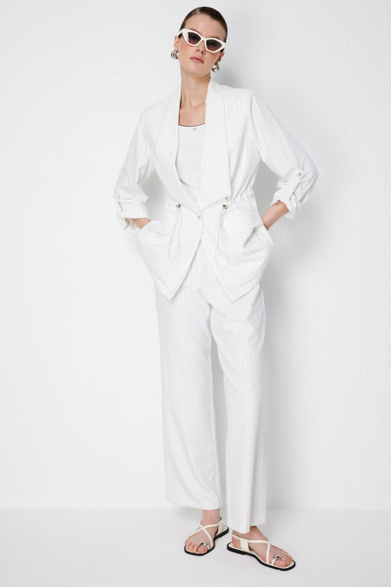 Ekol Kadın Çizgi Desenli Kapak Cepli Ceket 1088 Ekru - 4