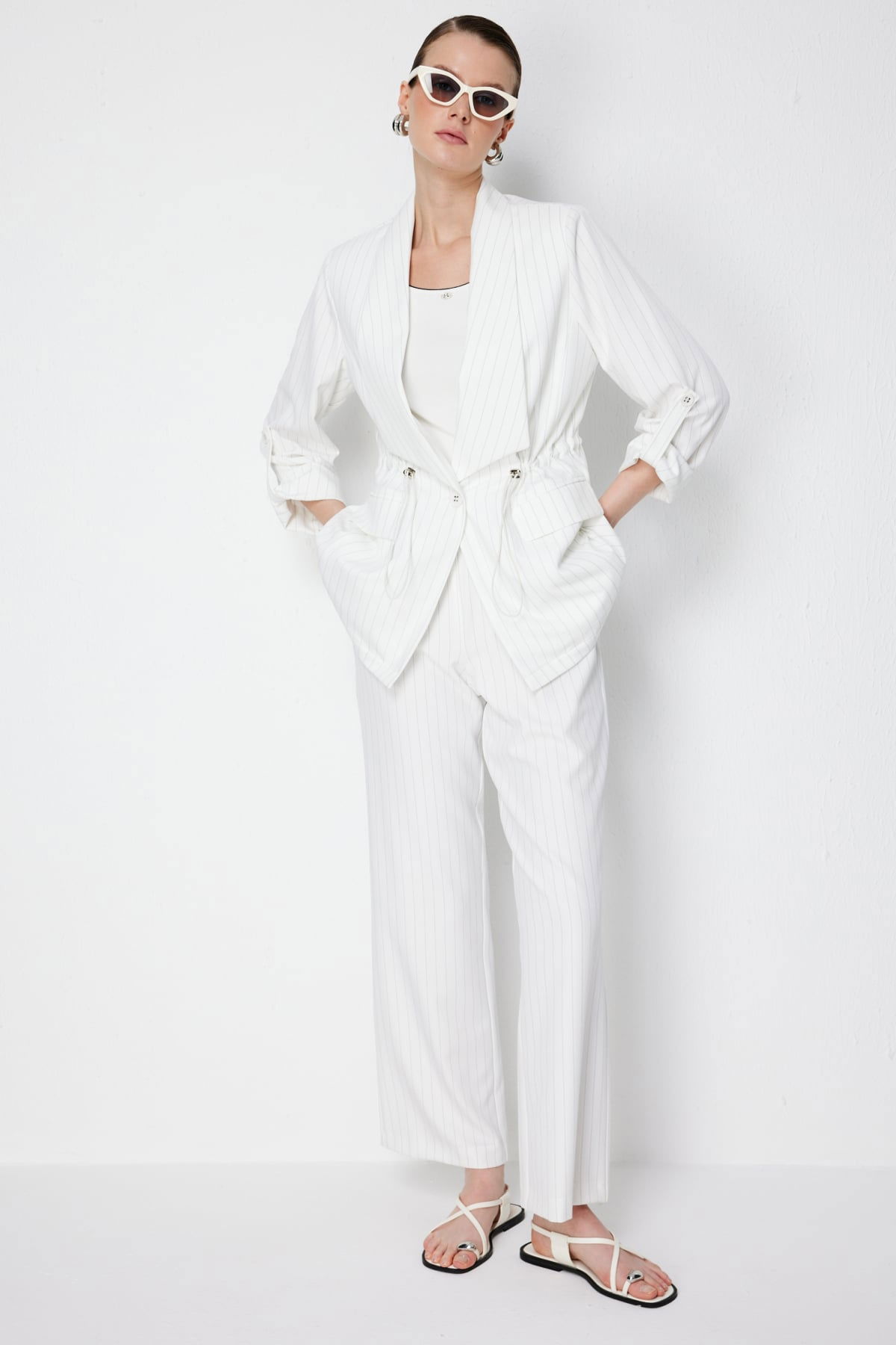 Ekol Kadın Çizgi Desenli Kapak Cepli Ceket 1088 Ekru - 4