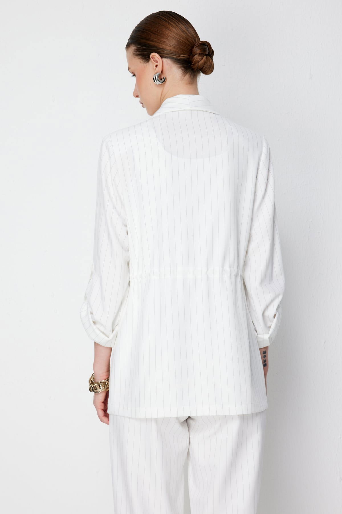 Ekol Kadın Çizgi Desenli Kapak Cepli Ceket 1088 Ekru - 5