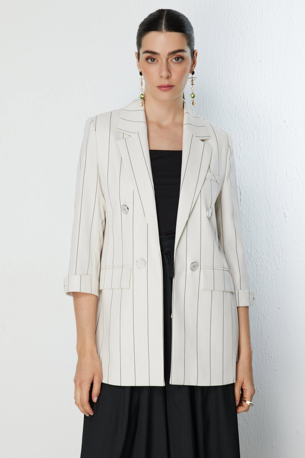 Ekol Kadın Çizgi Desenli Kapak Cepli Ceket 1098 Naturel - 1