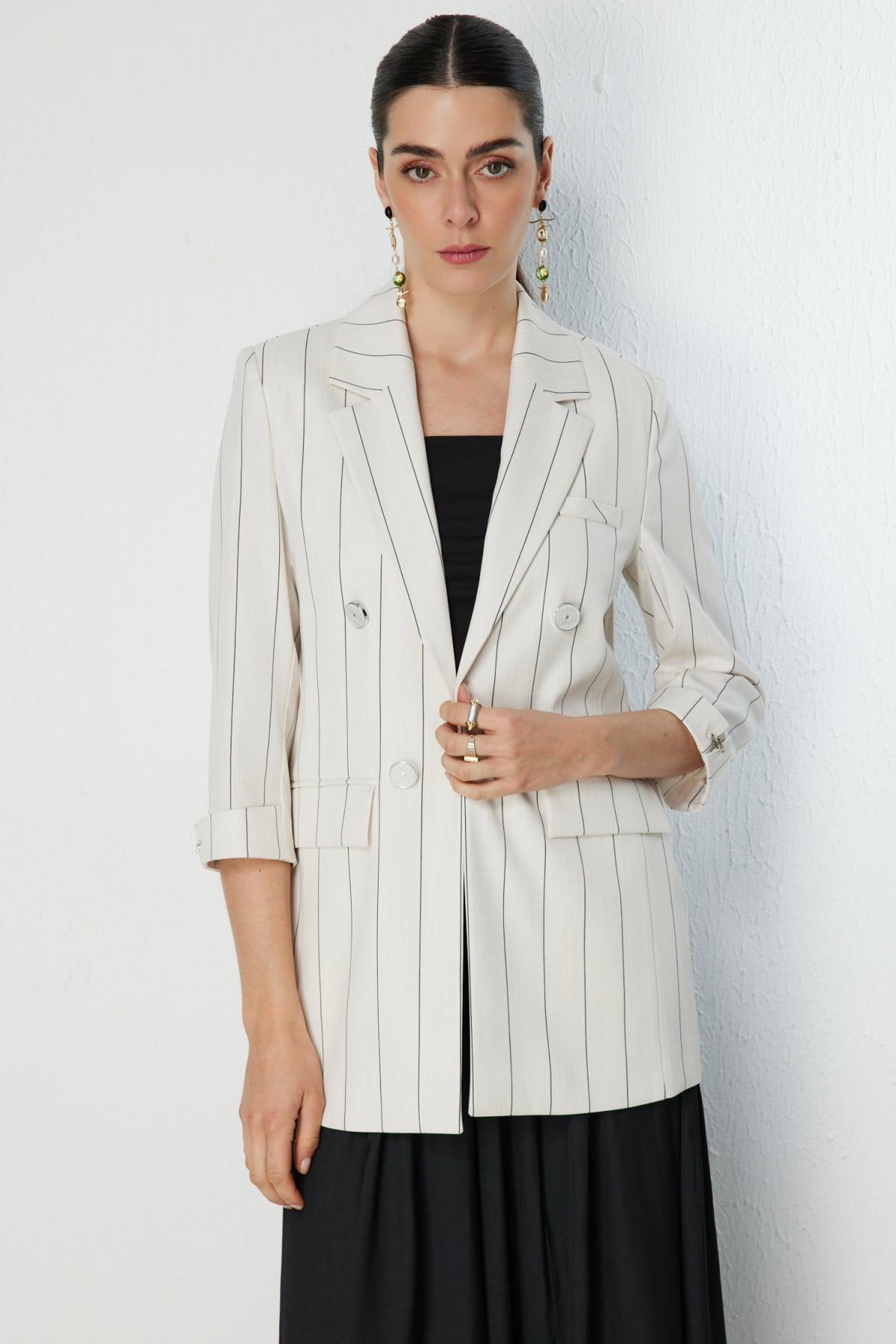 Ekol Kadın Çizgi Desenli Kapak Cepli Ceket 1098 Naturel - 2