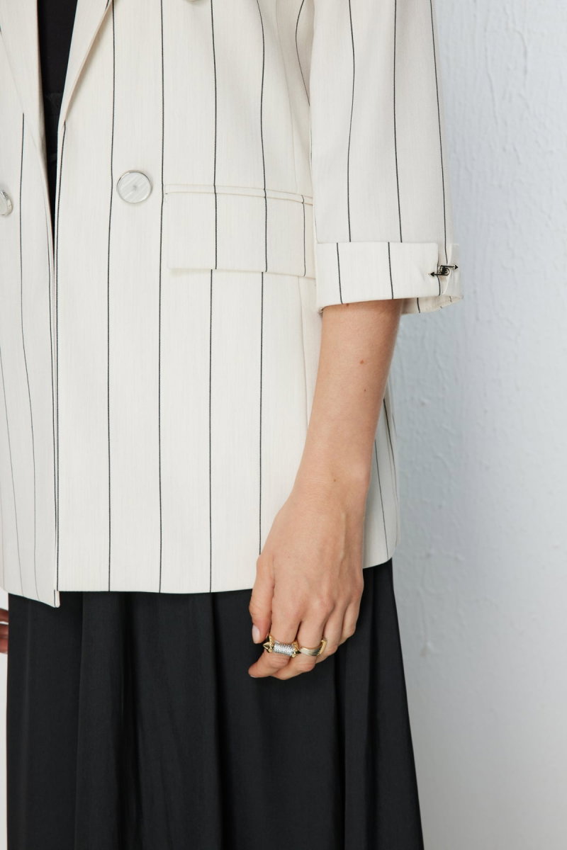 Ekol Kadın Çizgi Desenli Kapak Cepli Ceket 1098 Naturel - 3