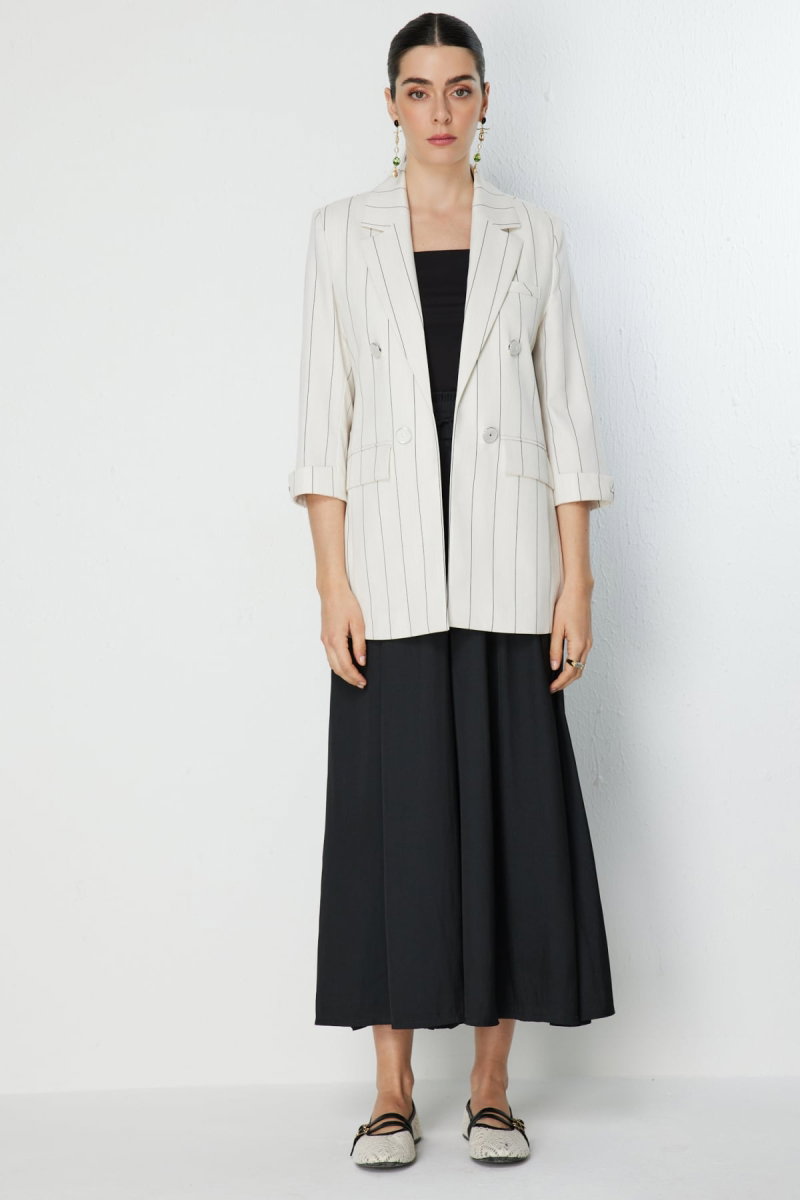 Ekol Kadın Çizgi Desenli Kapak Cepli Ceket 1098 Naturel - 4