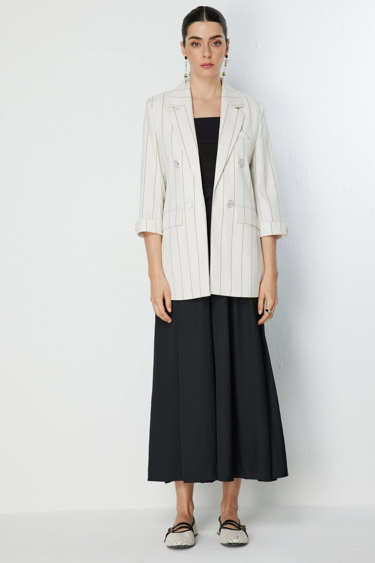 Ekol Kadın Çizgi Desenli Kapak Cepli Ceket 1098 Naturel - 4