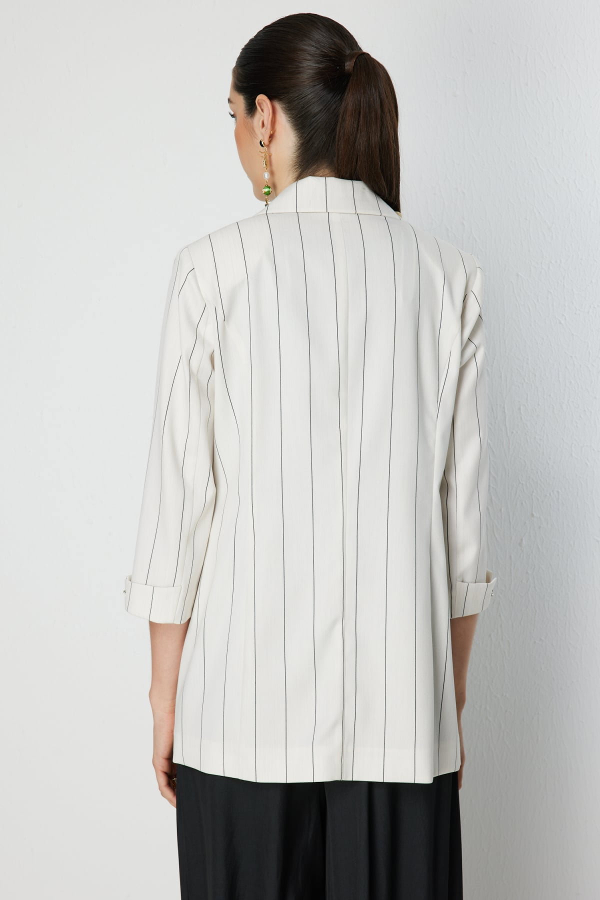 Ekol Kadın Çizgi Desenli Kapak Cepli Ceket 1098 Naturel - 5