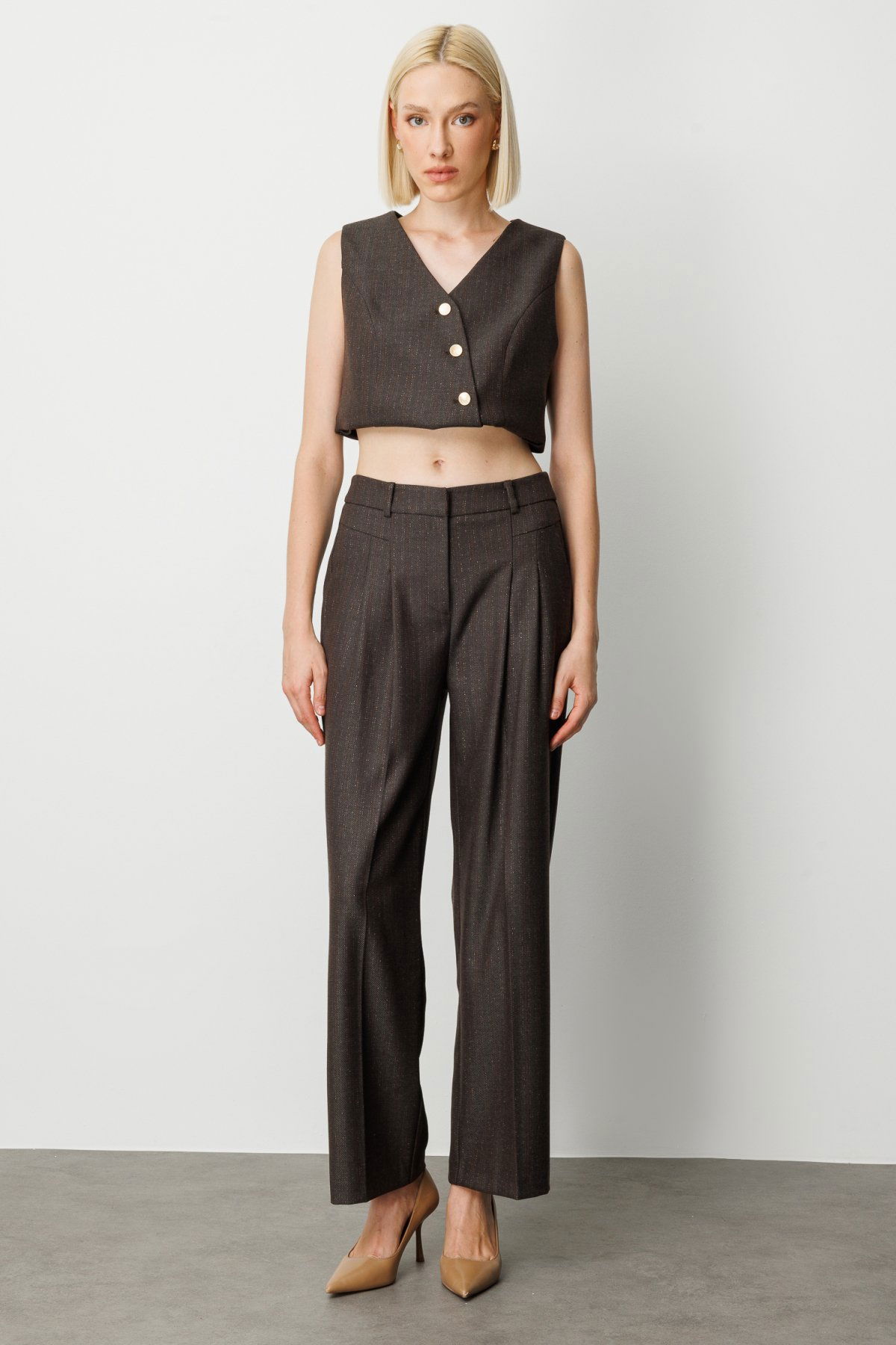 Ekol Kadın Çizgi Desenli Wide Leg Pantolon 5111 Kahverengi - 1