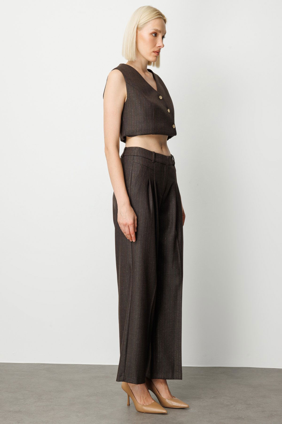 Ekol Kadın Çizgi Desenli Wide Leg Pantolon 5111 Kahverengi - 2