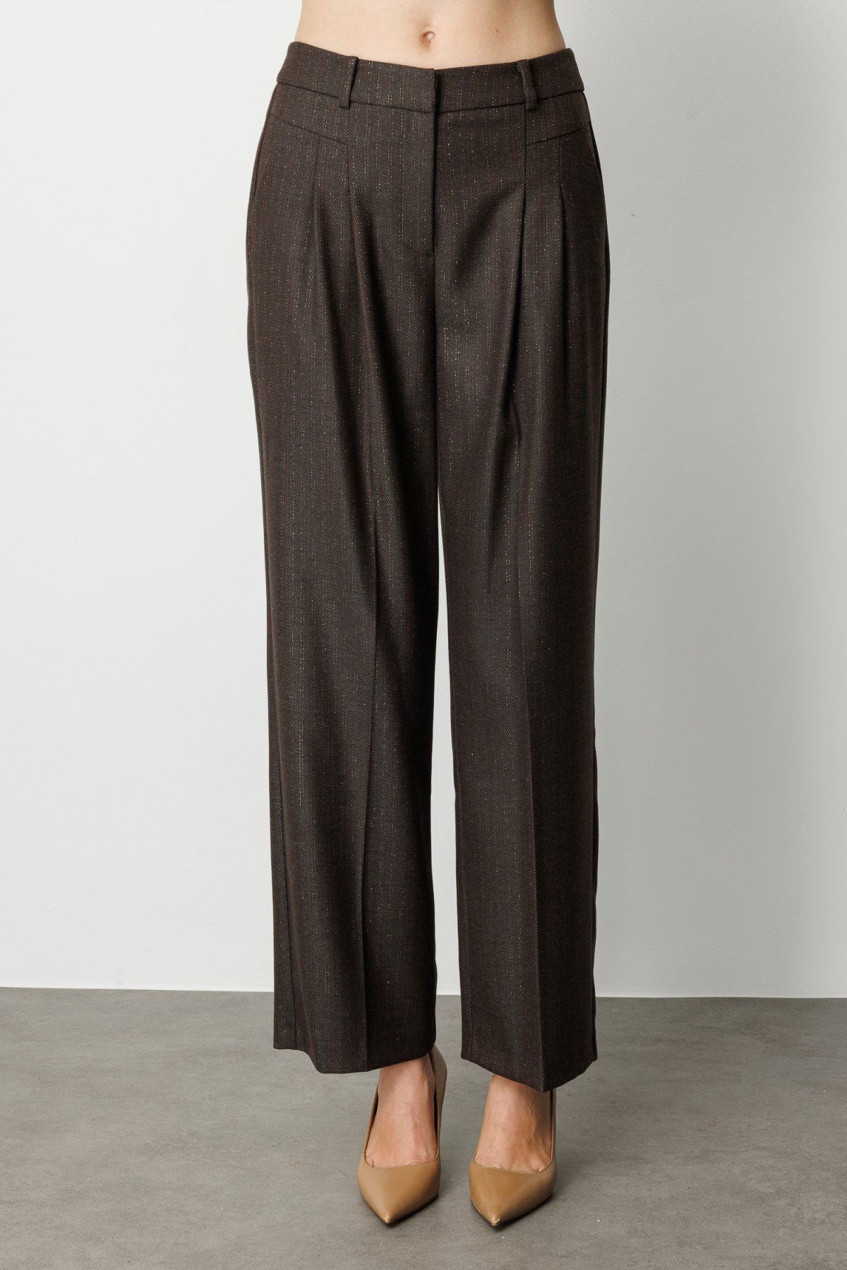 Ekol Kadın Çizgi Desenli Wide Leg Pantolon 5111 Kahverengi - 3
