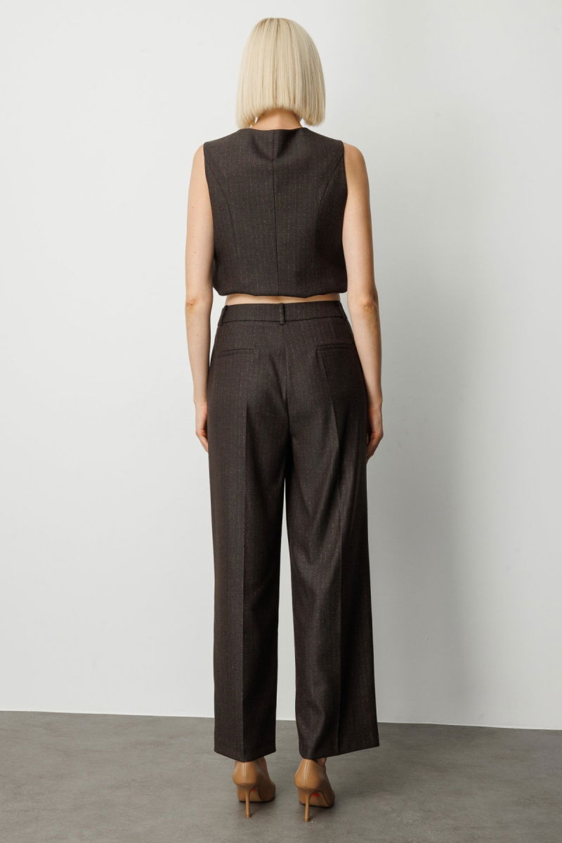 Ekol Kadın Çizgi Desenli Wide Leg Pantolon 5111 Kahverengi - 4