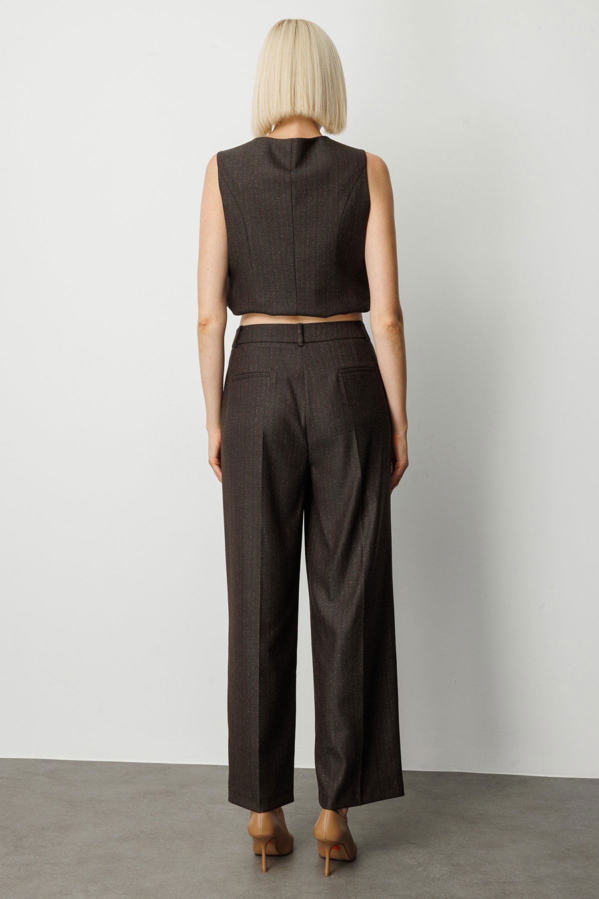 Ekol Kadın Çizgi Desenli Wide Leg Pantolon 5111 Kahverengi - 4