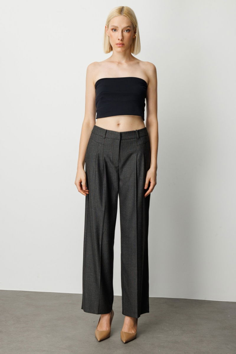 Ekol Kadın Çizgi Desenli Wide Leg Pantolon 5111 Siyah - Ekol