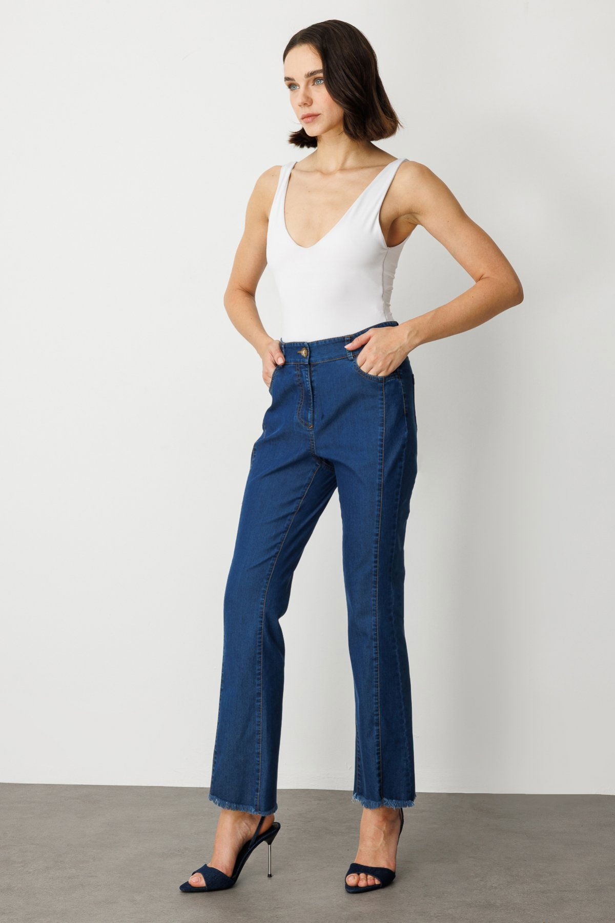 Ekol Kadın Çizgi Dikişli İspanyol Paça Pantolon 2136 Indigo - 3