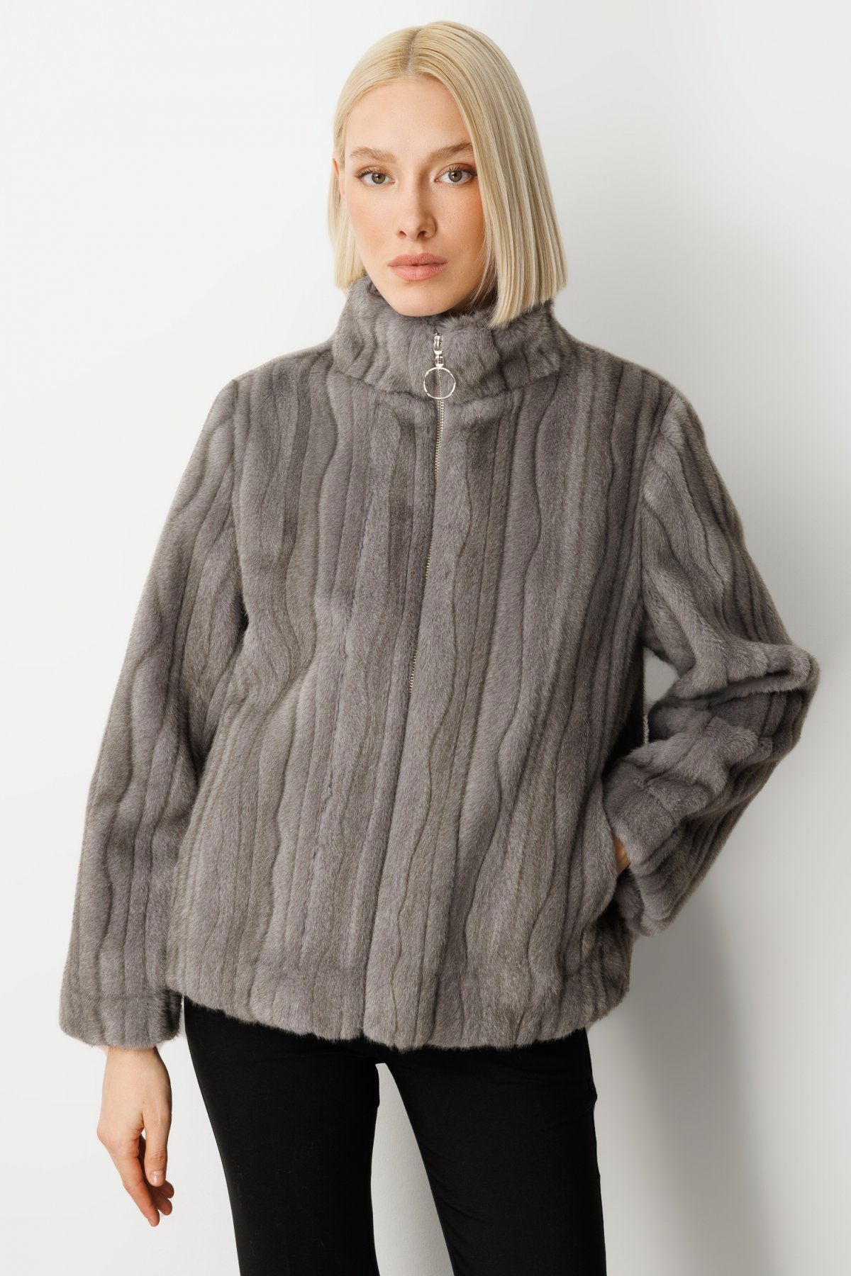 Ekol Kadın Çizgili Peluş Mont 8009 Antrasit - 1