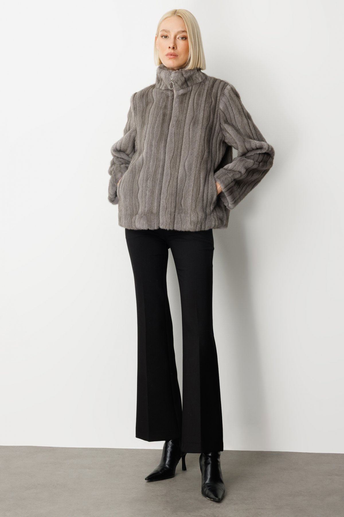 Ekol Kadın Çizgili Peluş Mont 8009 Antrasit - 3