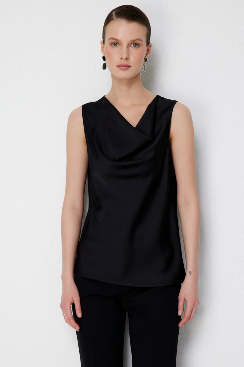 Ekol Kadın Degaje Yaka Kolsuz Bluz 2014 Siyah 