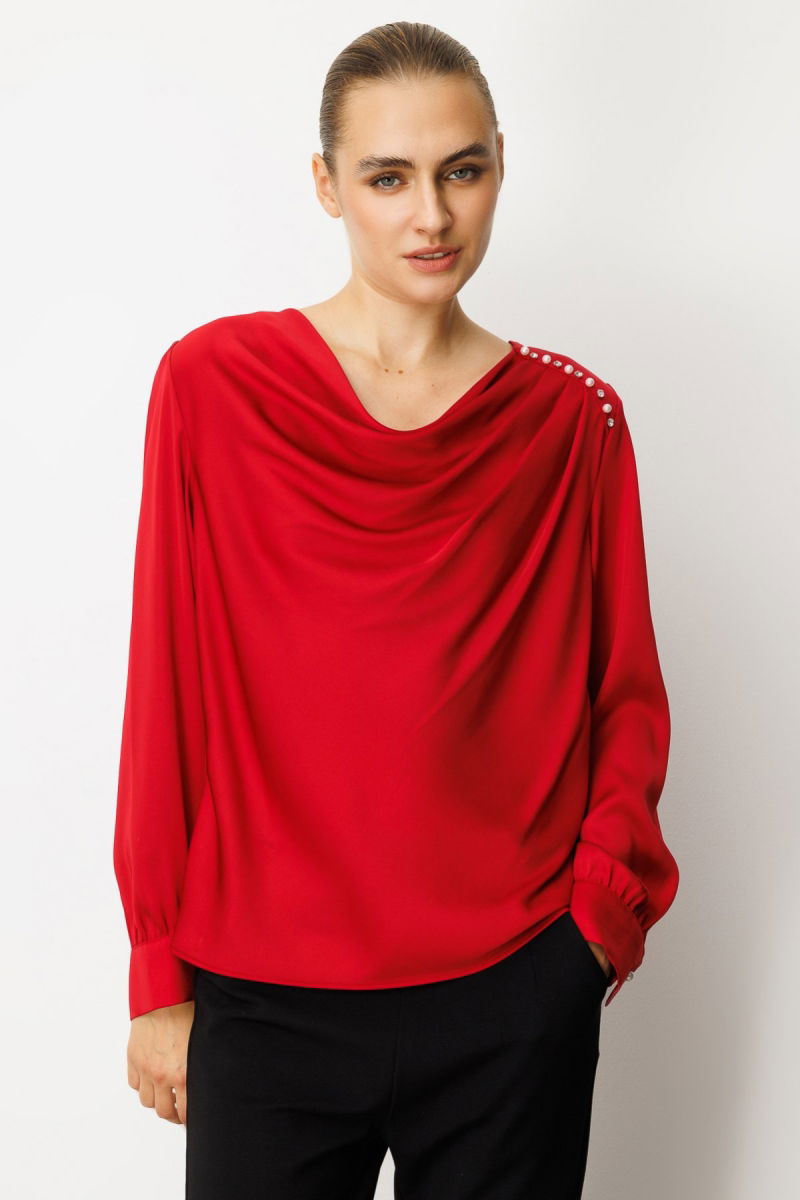 Ekol Kadın Degaje Yaka Saten Bluz 3019 Kırmızı - Ekol