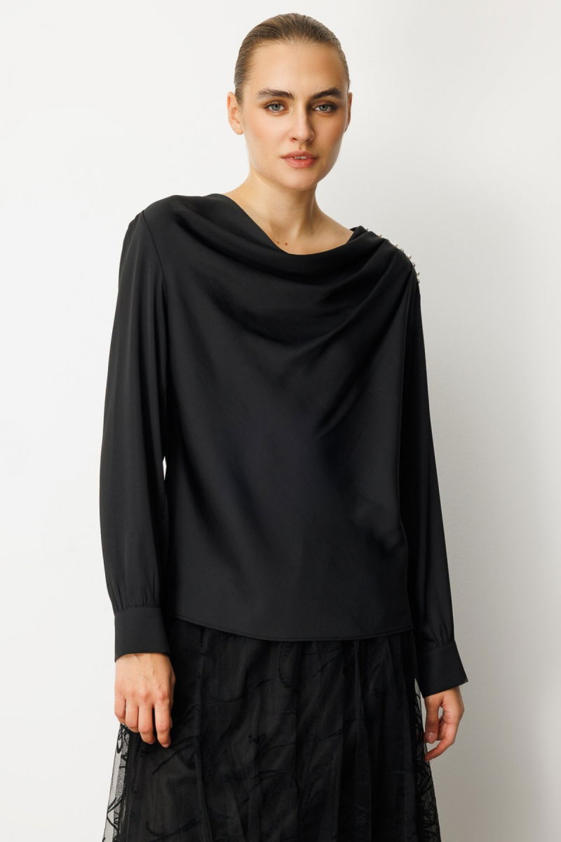 Ekol Kadın Degaje Yaka Saten Bluz 3019 Siyah - Ekol