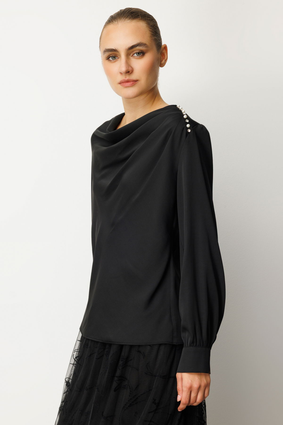 Ekol Kadın Degaje Yaka Saten Bluz 3019 Siyah - 2