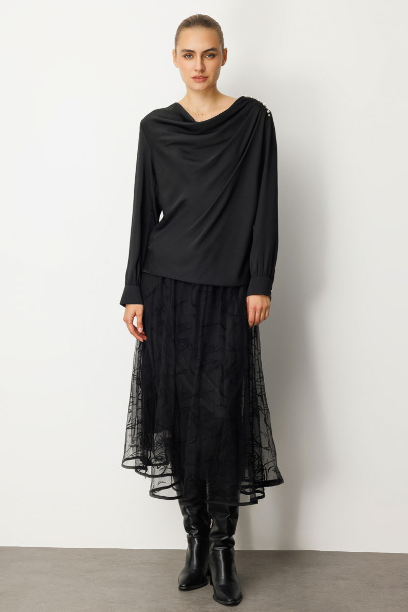 Ekol Kadın Degaje Yaka Saten Bluz 3019 Siyah - 3