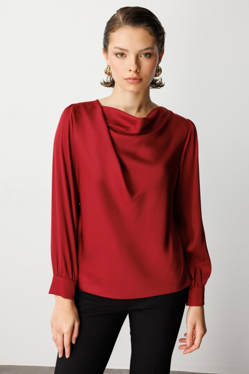 Ekol Kadın Degaje Yaka Uzun Kollu Bluz 3029 Bordo - Ekol