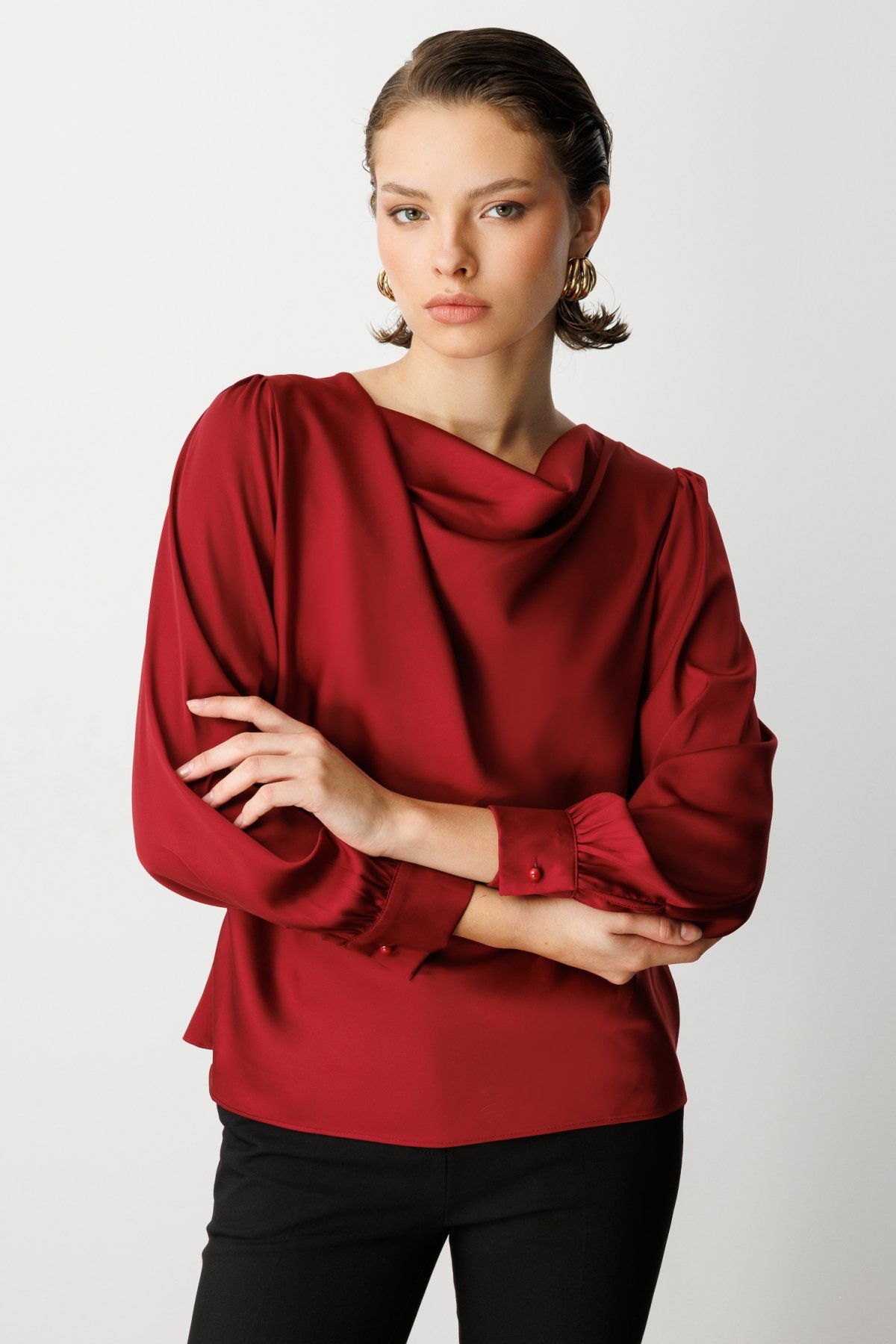 Ekol Kadın Degaje Yaka Uzun Kollu Bluz 3029 Bordo - 2